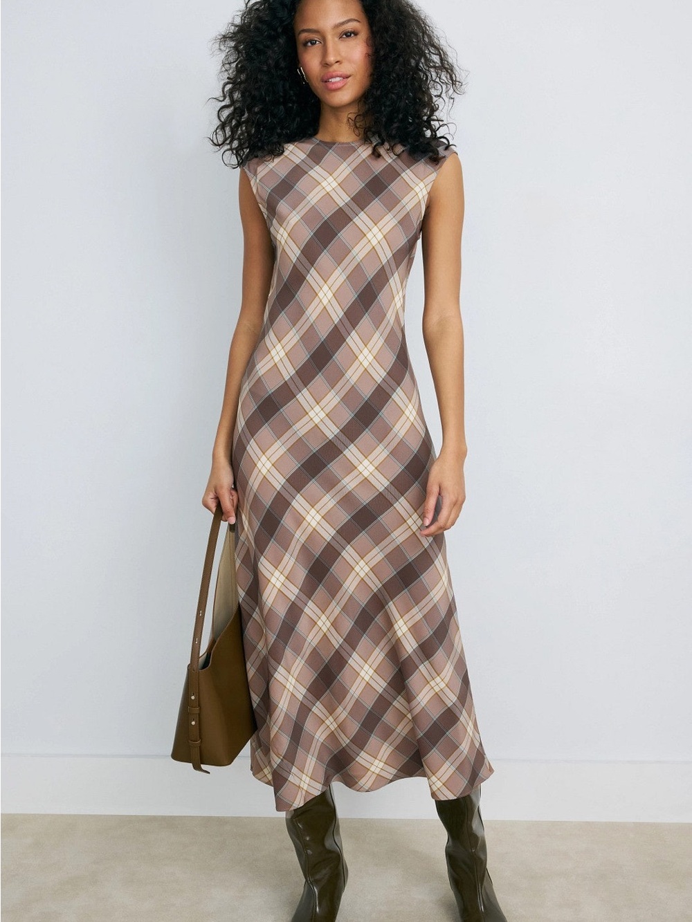 Sleeveless Brown Plaid Midi Dress - Timeless Day-to-Night Style